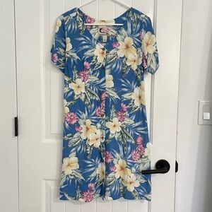 Vintage Bluewater Wear Blue Hawaiian Tropical Prints Short Sleeve Dress